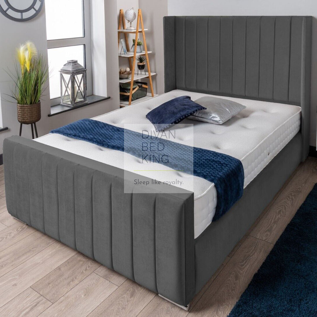 Leonilda Dark Grey Velvet Wingback Ottoman Storage Bed Frame