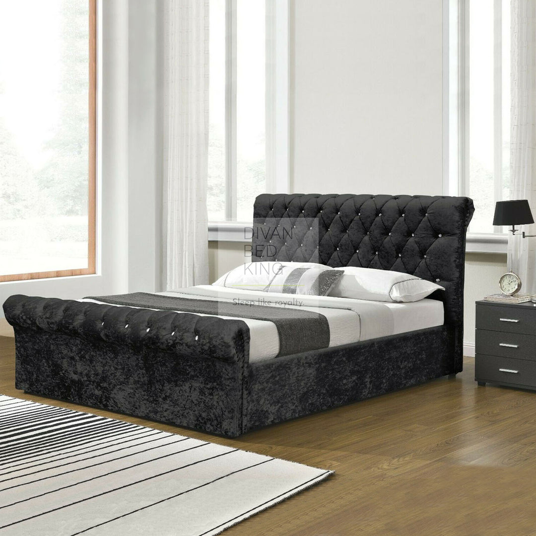 Avernus Crushed Velvet Ottoman Sleigh Bed Frame