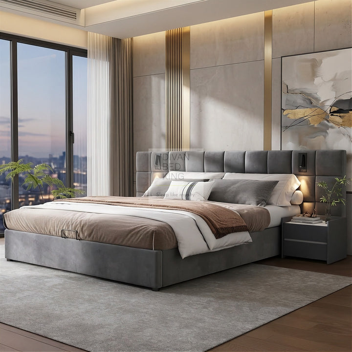 Avernus Oversized Headboard Grey Ottoman Storage Bed Frame with Integrated Lighting & USB Charging