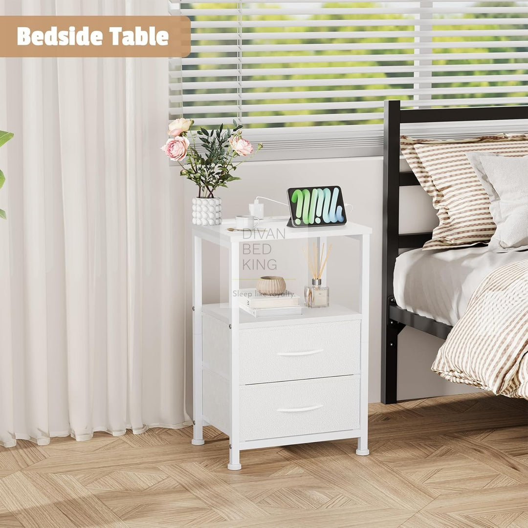 Henry 2 Drawer White Wood and Metal Smart Bedside Table with Shelf