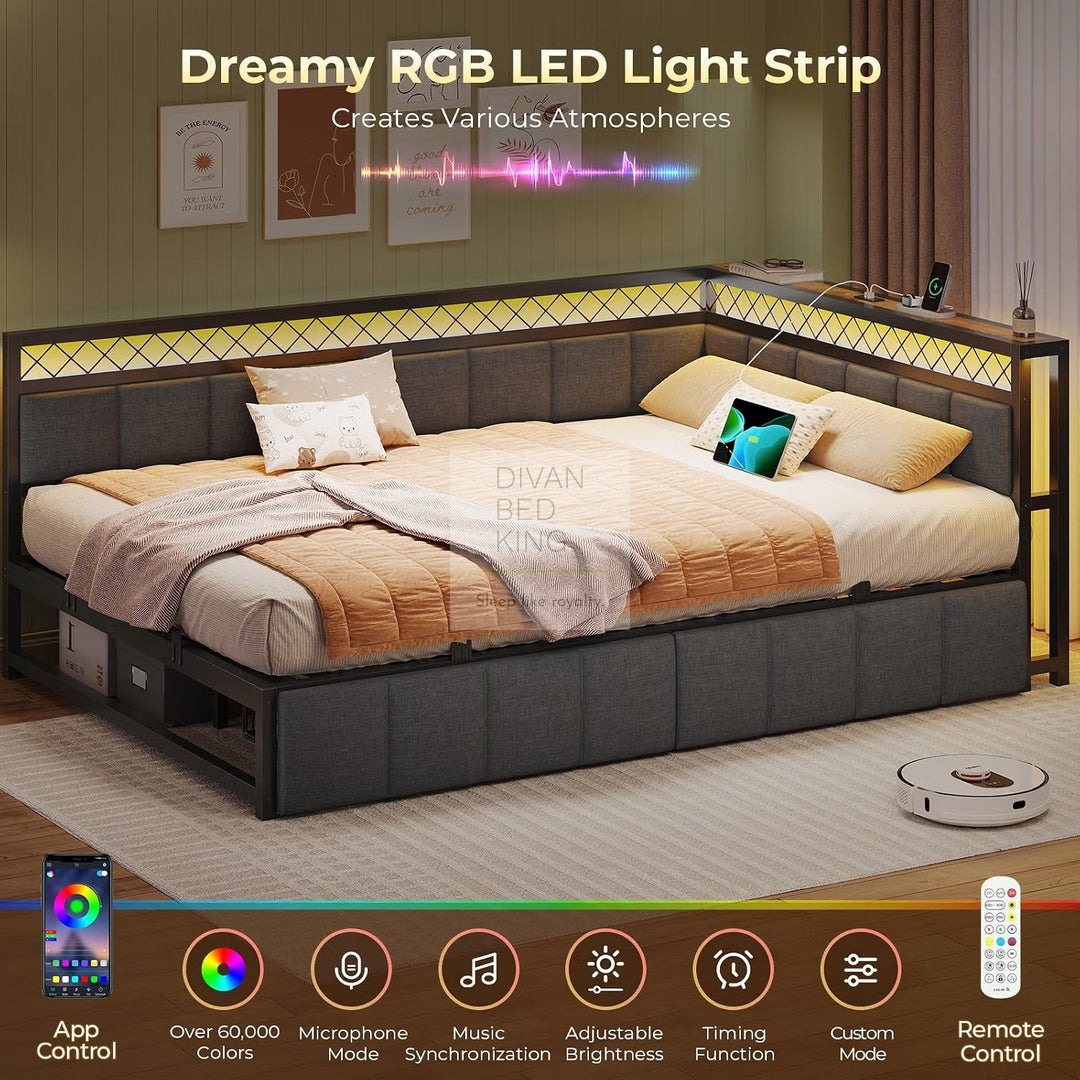 Giomani Grey Linen 2 Drawer Low Smart Sofa Bed Daybed with LED Lights, USB & Type C Charging Station