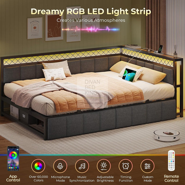 Giomani Grey Linen 2 Drawer Low Smart Sofa Bed Daybed with LED Lights, USB & Type C Charging Station