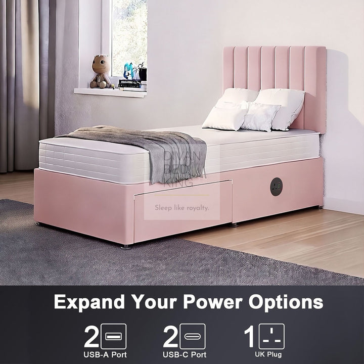 Chiara Smart Divan Bed Set with Buttoned Headboard with Charging, Sockets, USB, Type C Ports