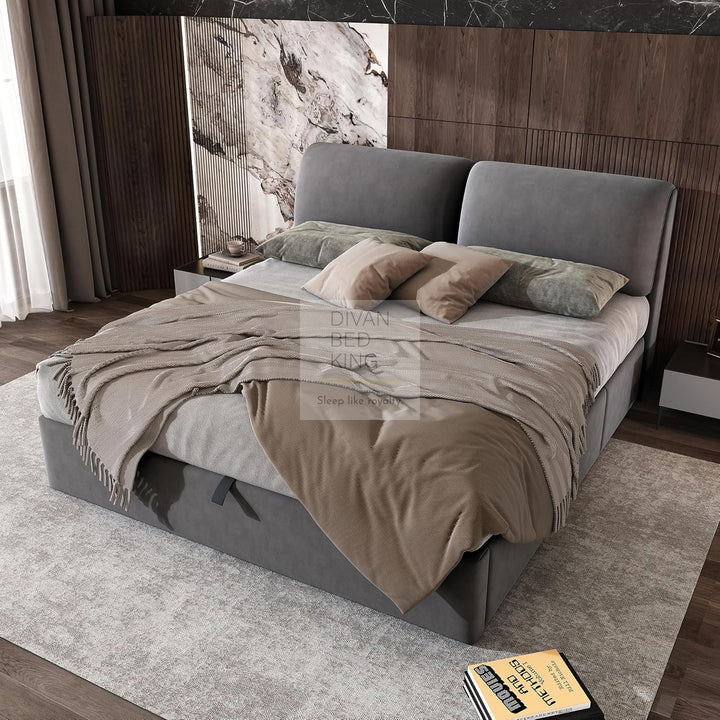 Cosenza Large Padded Headrest Grey Velvet Ottoman Storage Bed with 3 Drawers