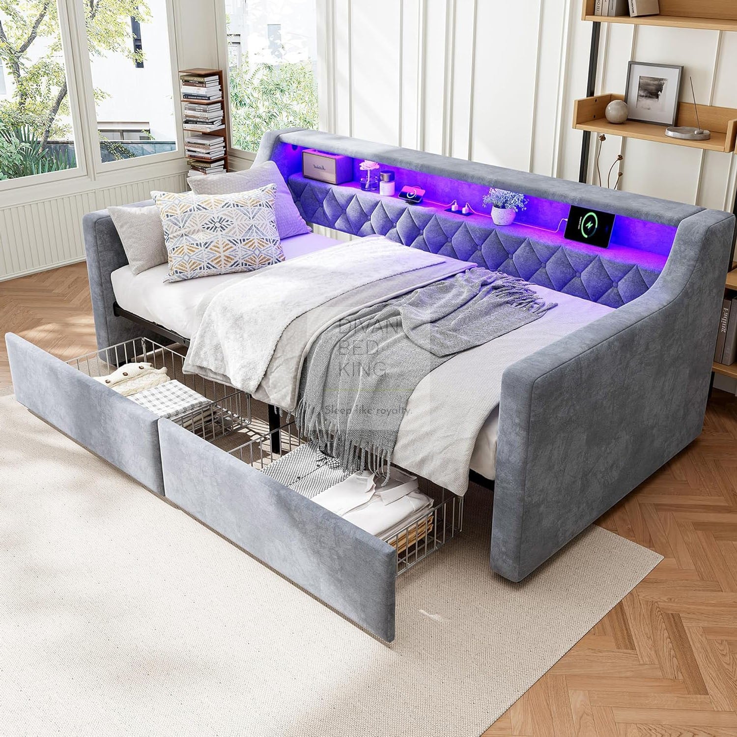 Sassari Grey Plush Velvet Smart Daybed Sofa Bed Couch with 2 Drawer St ...