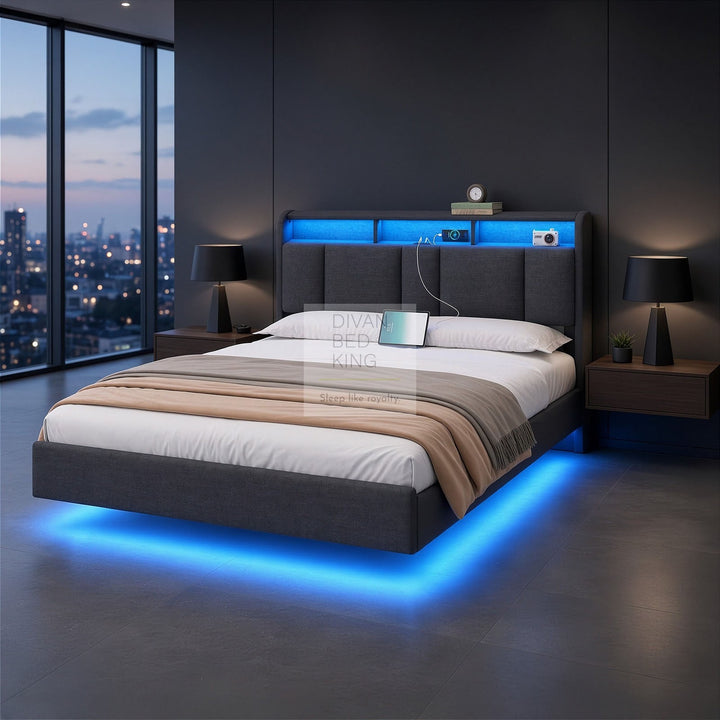 Everleigh Grey Linen Floating Bed Frame with Padded Storage Headboard, LED Lights, USB & Type-C Charging Station