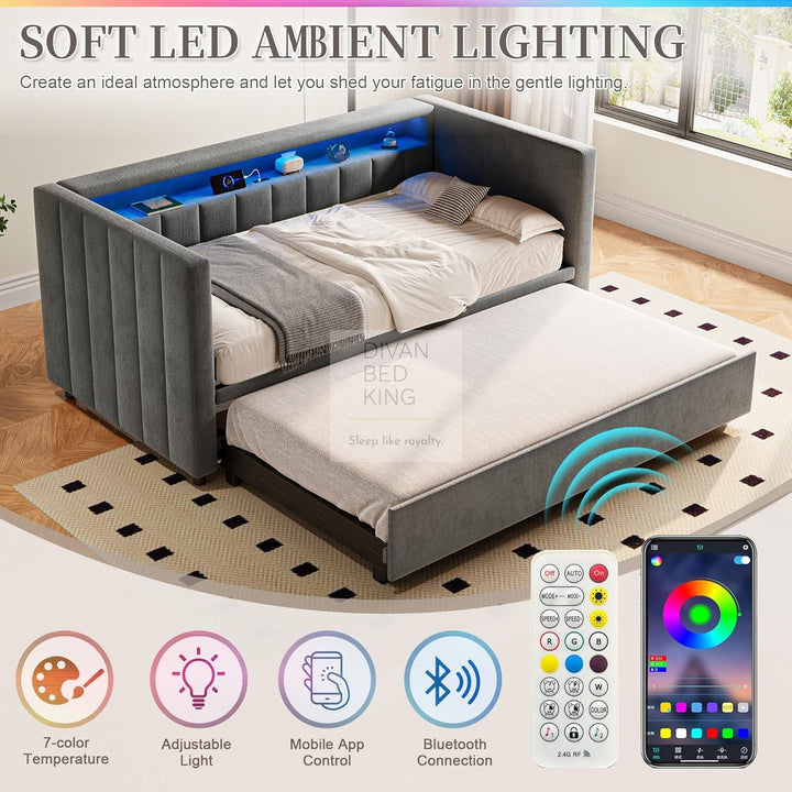 Adalynn Grey Plush Velvet Smart Sofa Bed Daybed with Bluetooth LED Lights, Storage, Shelves, USB & Type C Charging & Trundle
