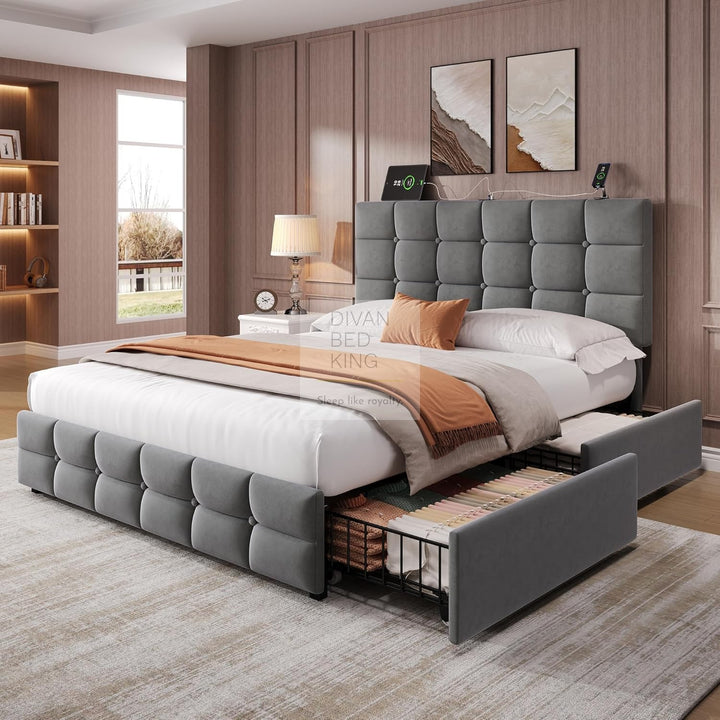 Vicente 4 Drawer Soft Grey Velvet Bed with Type C and USB Charging Adjustable Headboard Shelf