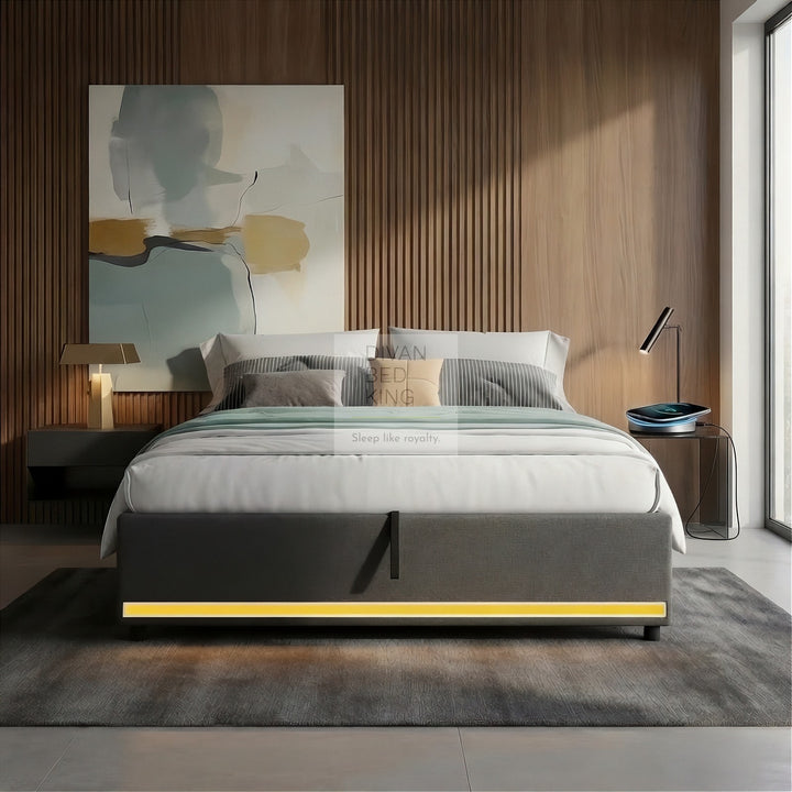 Castanea Smart LED Grey Linen Ottoman Gas Lift Storage Bed Base with USB Type C Charging Ports