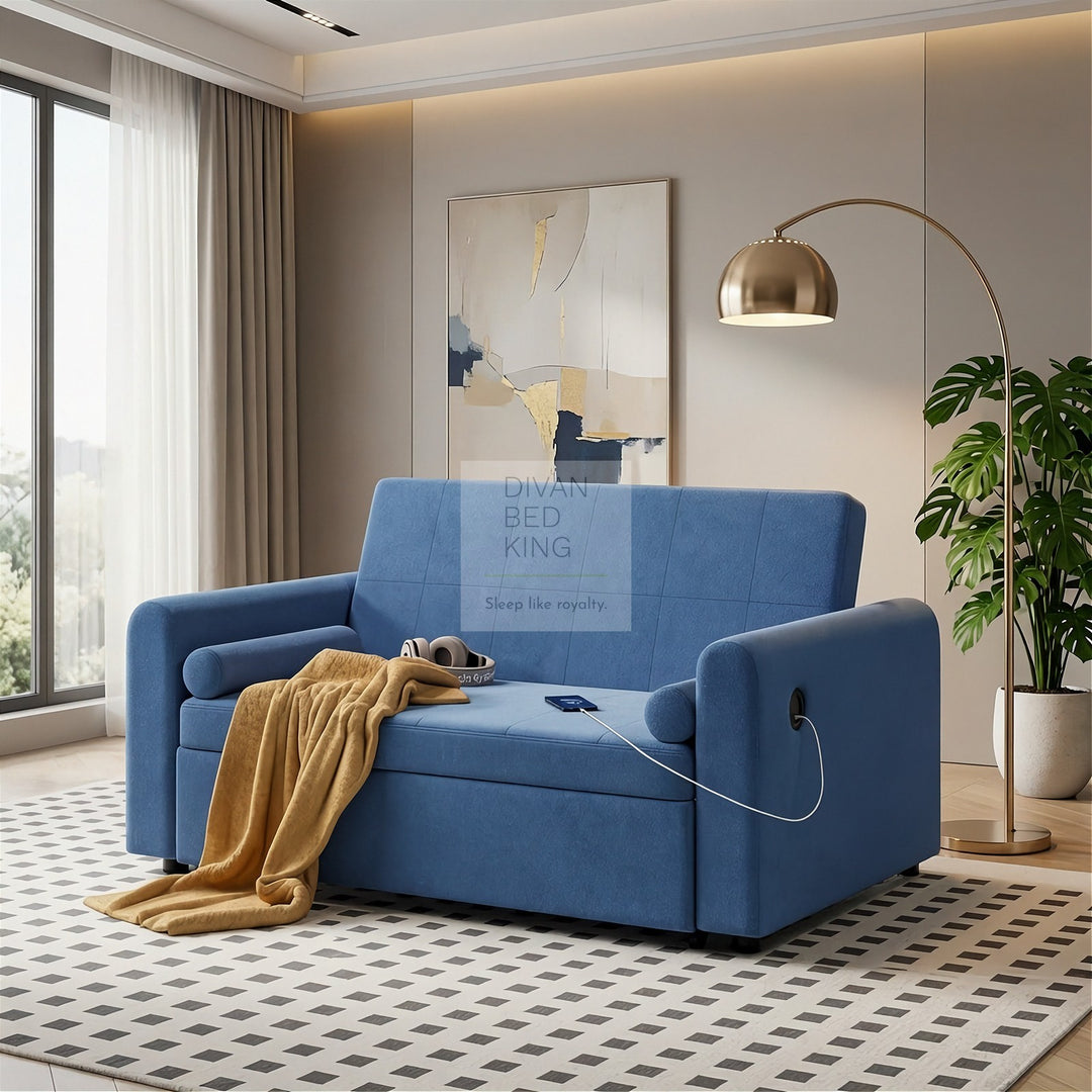 Kimora Blue Linen Smart Daybed Sofa Bed with USB & Type C Charging and Matching Pillows