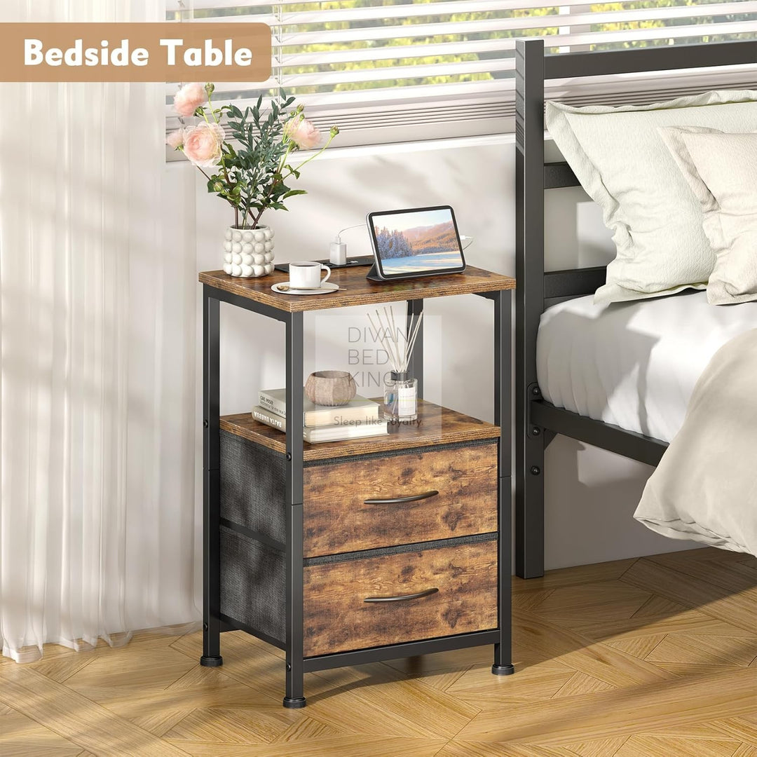 Henry 2 Drawer Rustic Wood and Metal Smart Bedside Table with Shelf