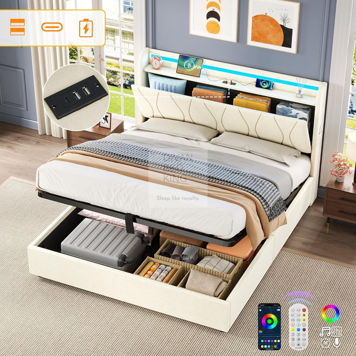 Naya Beige Linen Ottoman Storage Bed with LED Lights, Type C and USB Charging Headboard Storage Shelf