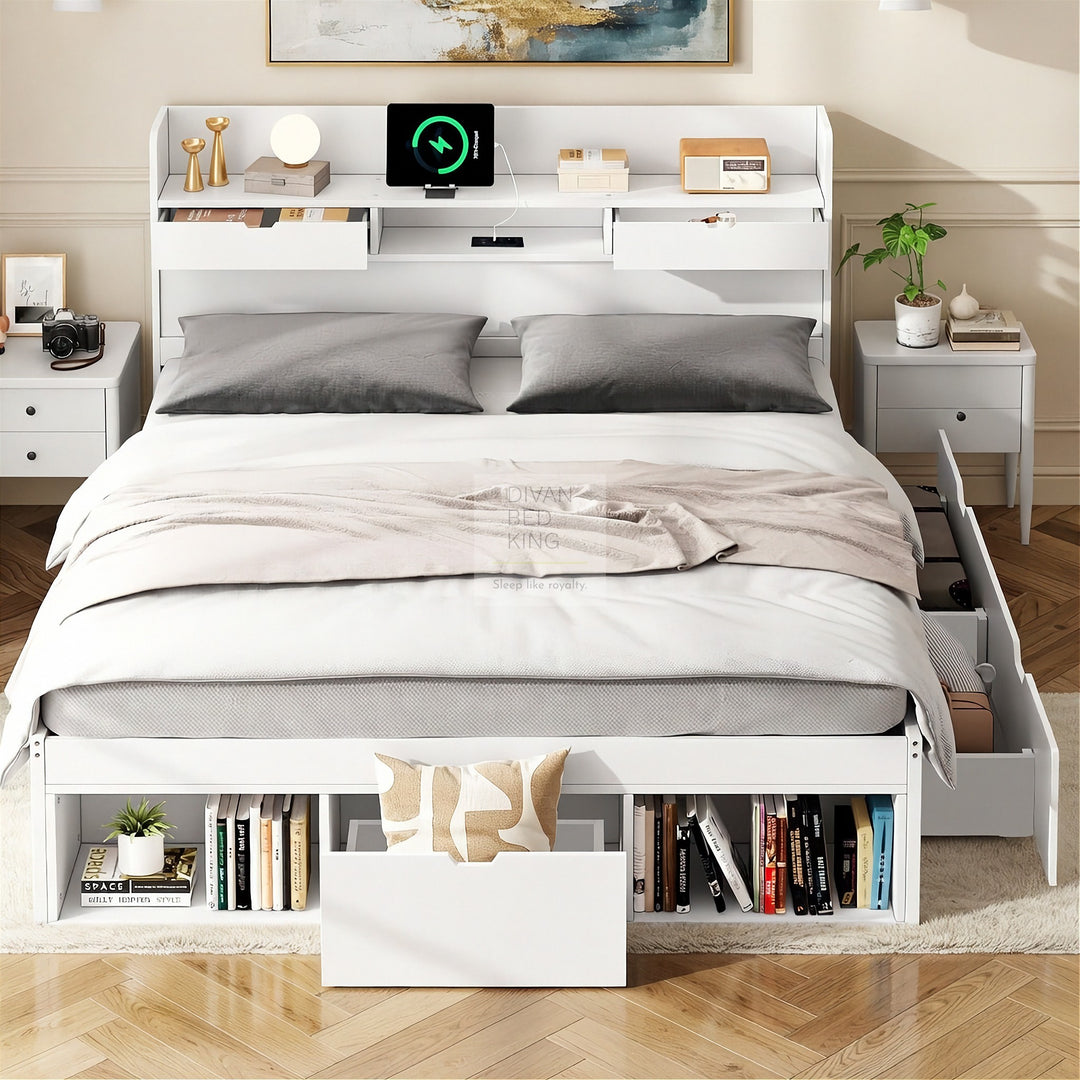 Castaneda White Wooden Smart Bed with 4 Drawers, Power Outlets and USB Ports & Shelves