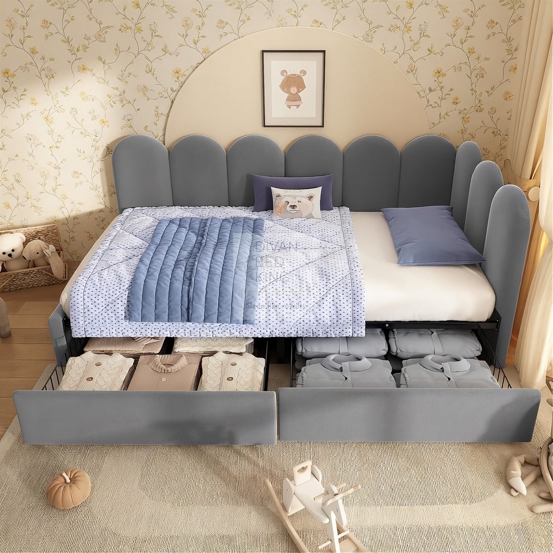 Novara Grey Plush Velvet 2 Drawer Corner 2 Seater Daybed Sofa Bed Couch