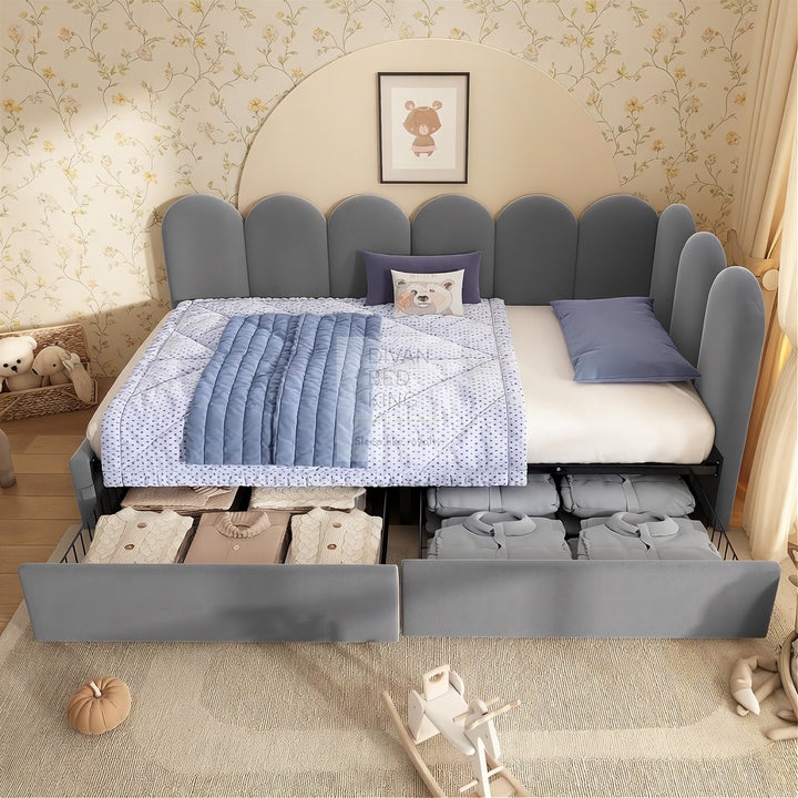 Novara Grey Plush Velvet 2 Drawer Corner 2 Seater Daybed Sofa Bed Couch