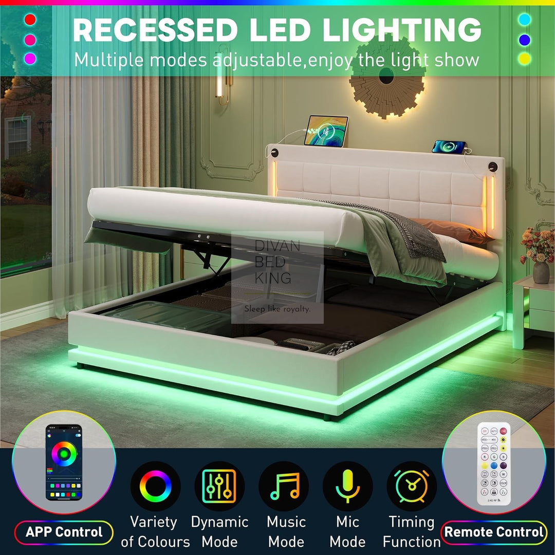 Varese Beige Velvet Ottoman Storage Smart Bed with LED Lighting, Type C and USB Headboard Shelf