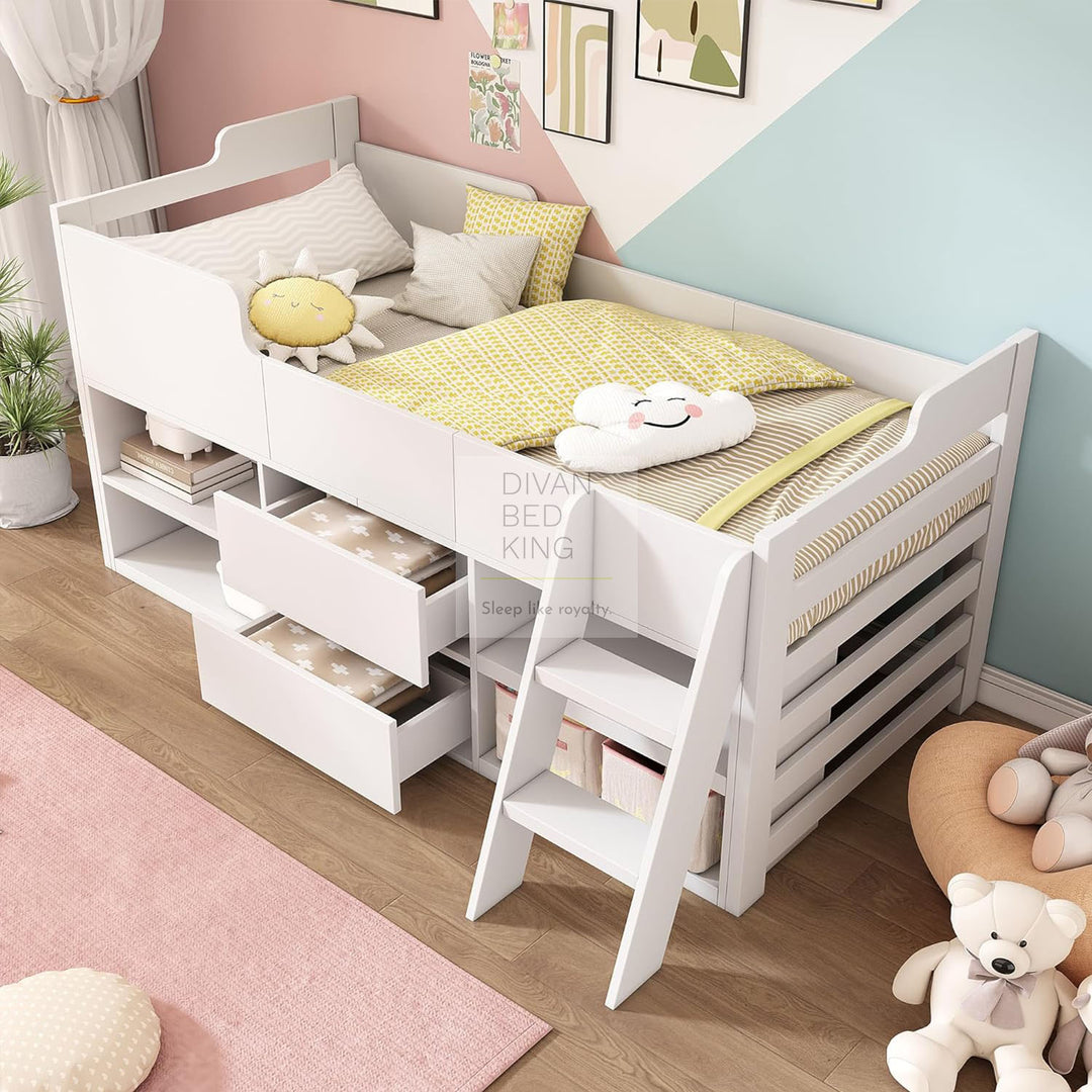 Zenda White Wooden Cabin Mid Sleeper Bed Storage with Drawers and Shelves