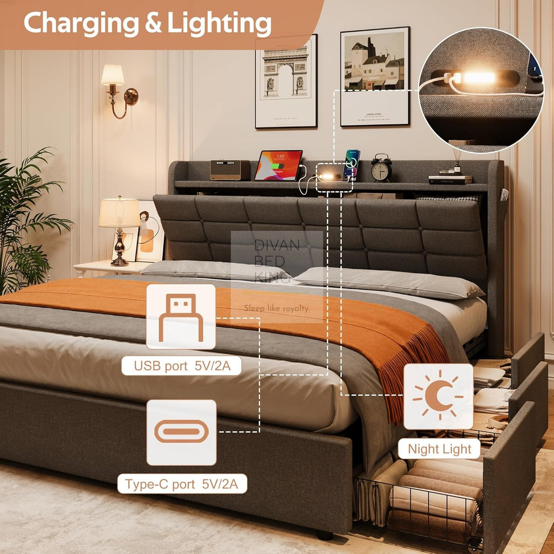 Treviso Charcoal Grey Linen 3 Drawer Ottoman Storage Bed with LED Lights, Type C and USB Charging Headboard Storage Shelf
