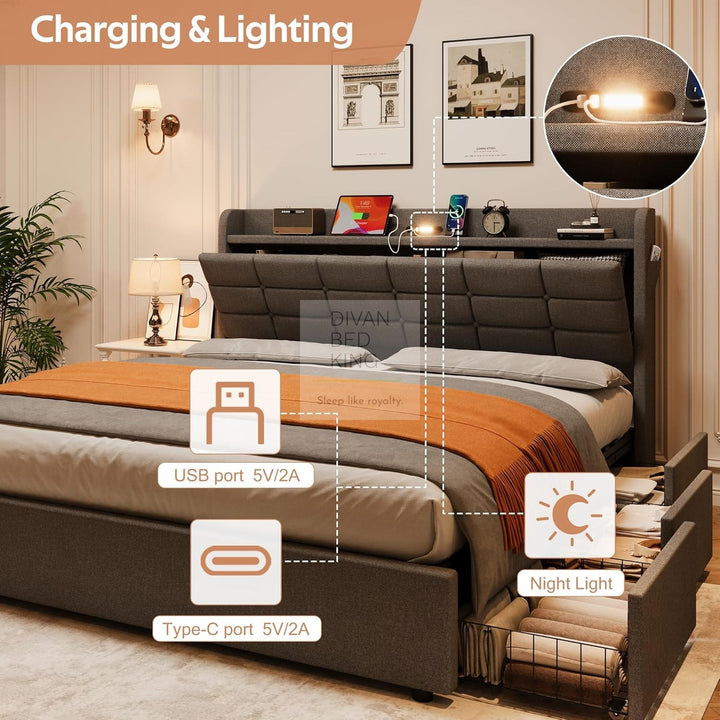 Treviso Charcoal Grey Linen 3 Drawer Ottoman Storage Bed with LED Lights, Type C and USB Charging Headboard Storage Shelf