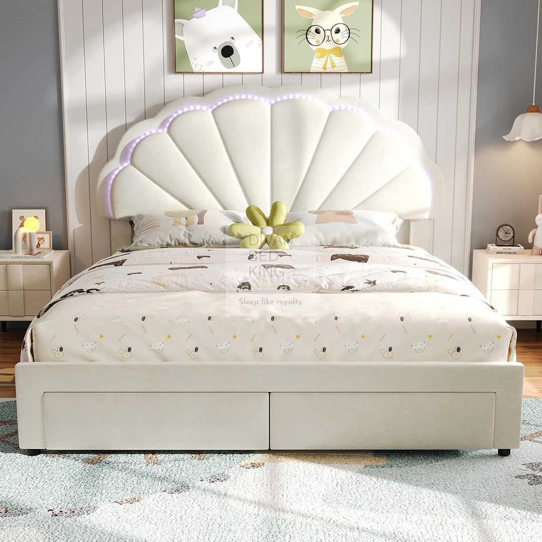 Blossom Beige Off White Velvet LED Bed with End Drawer Storage