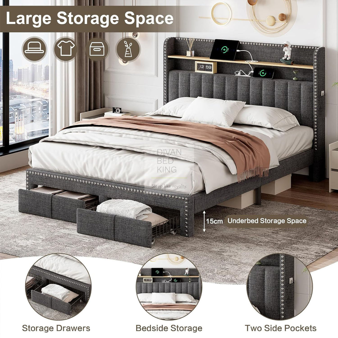 Elinor 2 Drawer Charcoal Linen Bed with LED Lighting, Type C and USB Charging Wing Headboard Shelf