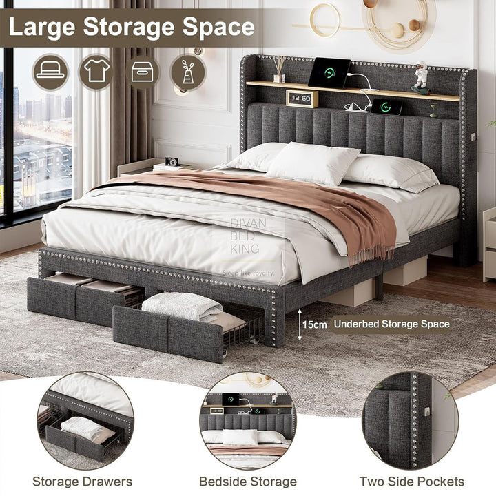 Elinor 2 Drawer Charcoal Linen Bed with LED Lighting, Type C and USB Charging Wing Headboard Shelf