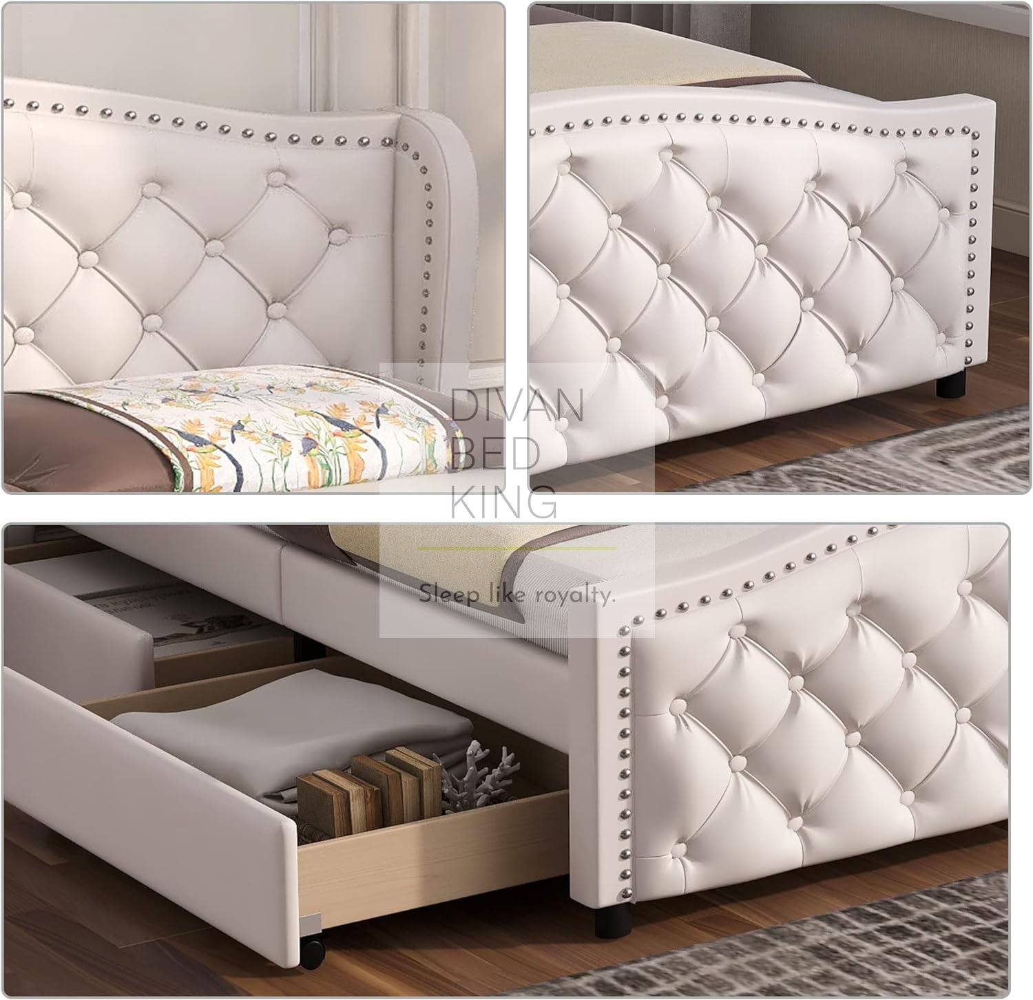 White leather bed on sale frame with storage