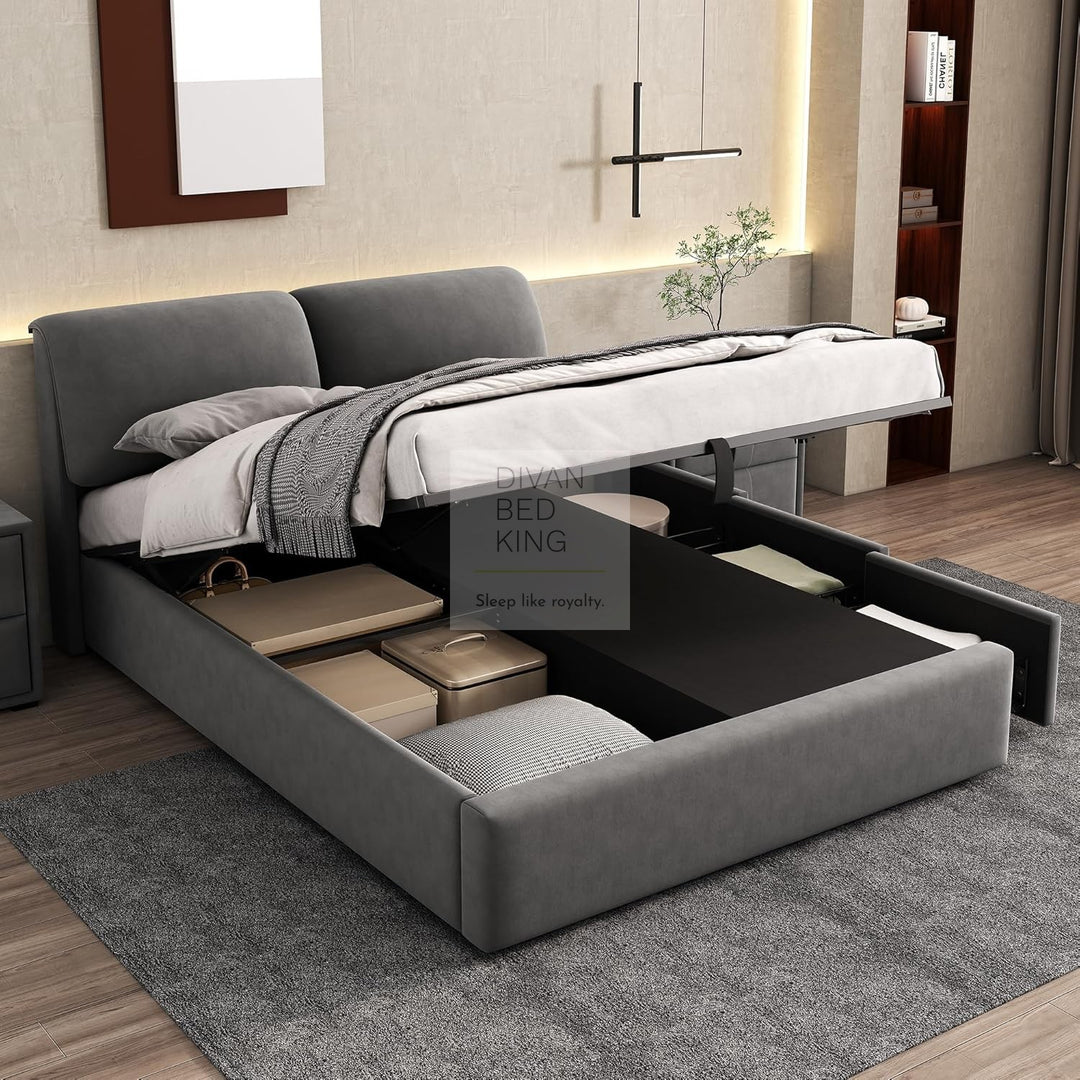 Cosenza Large Padded Headrest Grey Velvet Ottoman Storage Bed with 3 Drawers