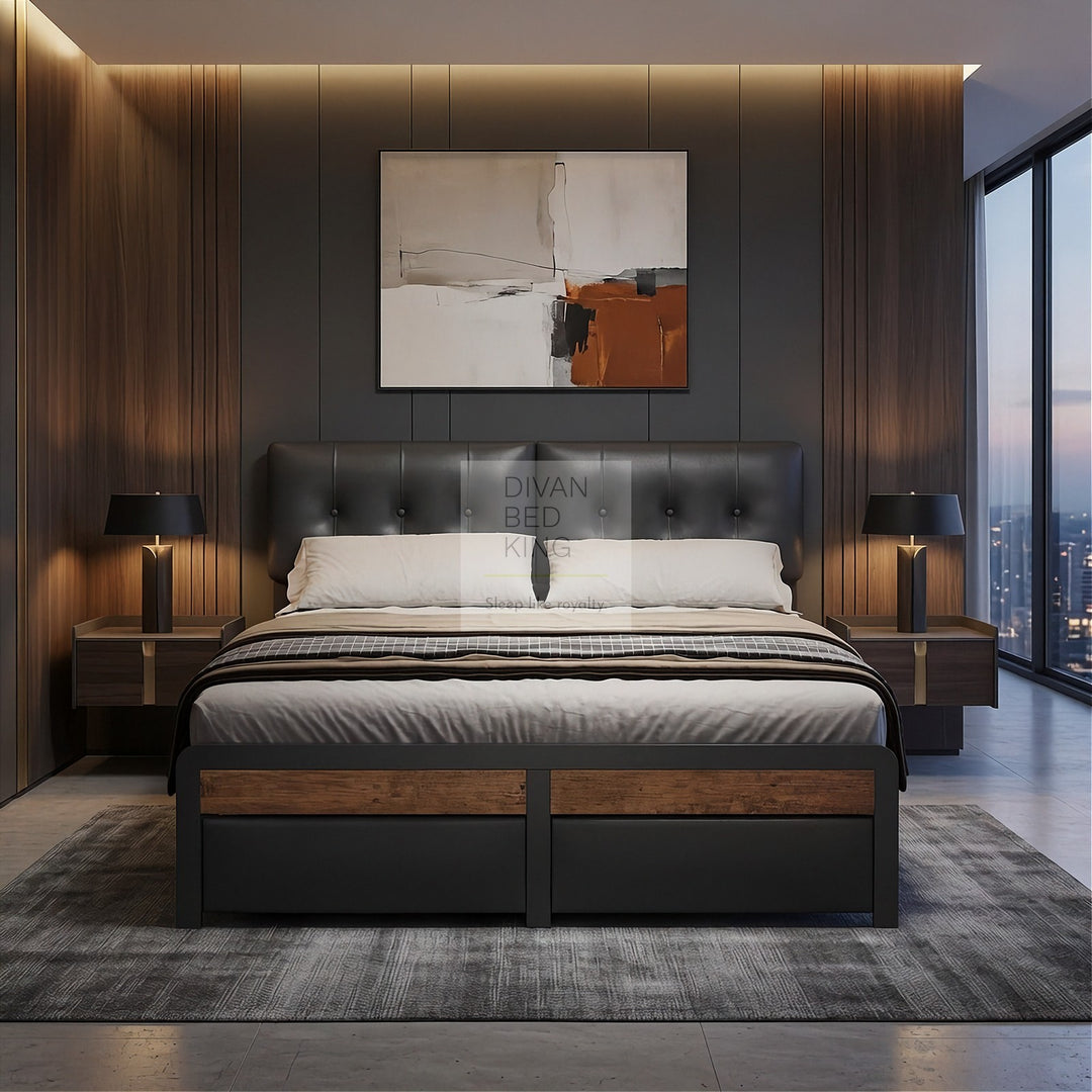 Julius Black Leather 2 Drawer Storage Smart Bed with LED Lighting, USB and Type-C harging