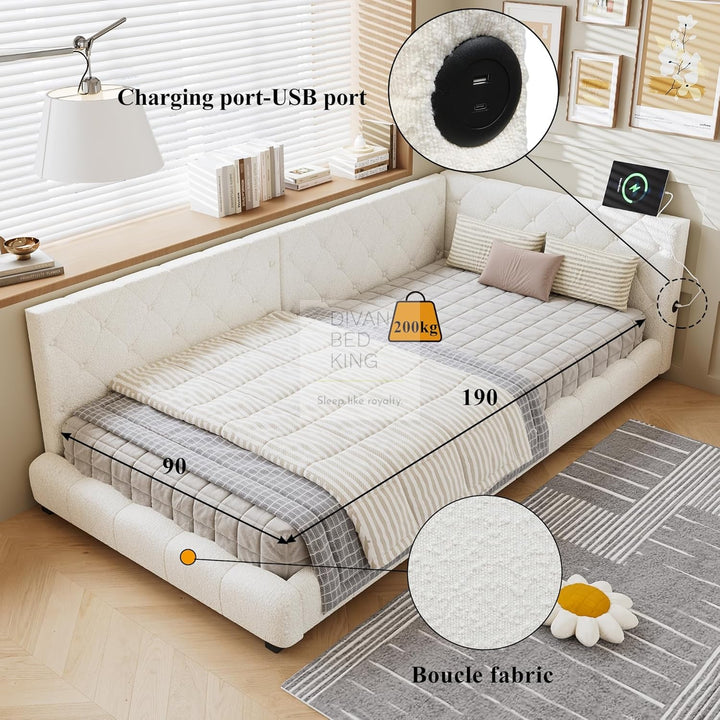 Imani Kids Soft Boucle Beige Fabric Low Smart Sofa Bed with USB & Type C Charging Station