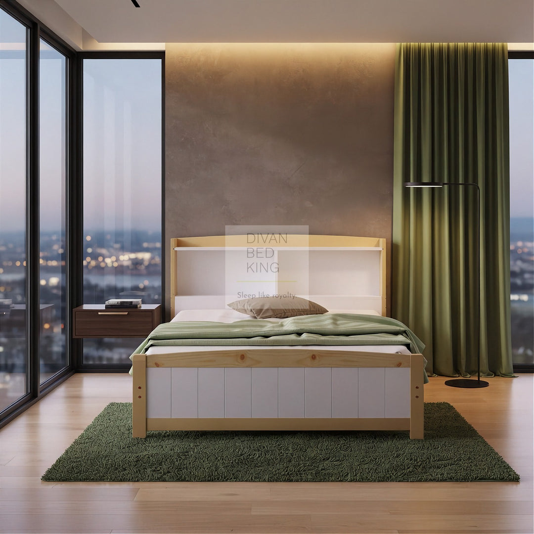 Jayceon White and Pine Wooden Bed Frame with Shelve Storage Headboard