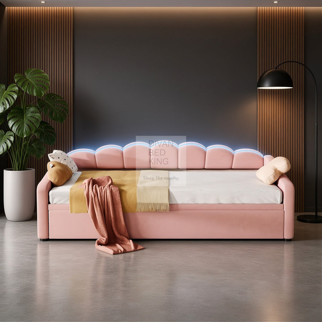 Elina Pink Plush Velvet Trundle Guest Sofa Bed with LED Lighting
