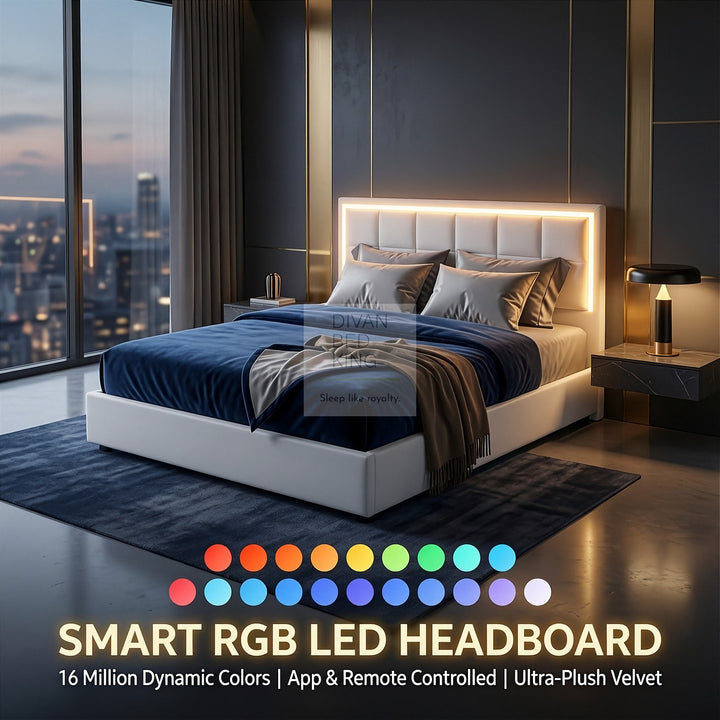 Hiley LED White Leather Ottoman Gas Lift Storage Bed Frame