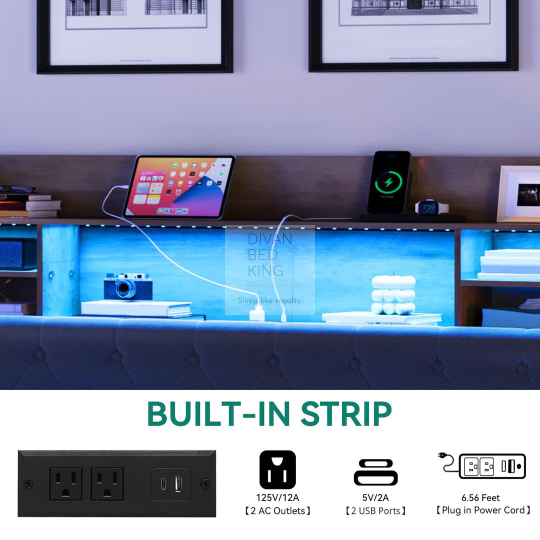 Kamilah Smart Metal Floating Bed Frame with Grey Padded Storage Headboard, LED Lights, USB, Type C & AC Sockets Charging Station