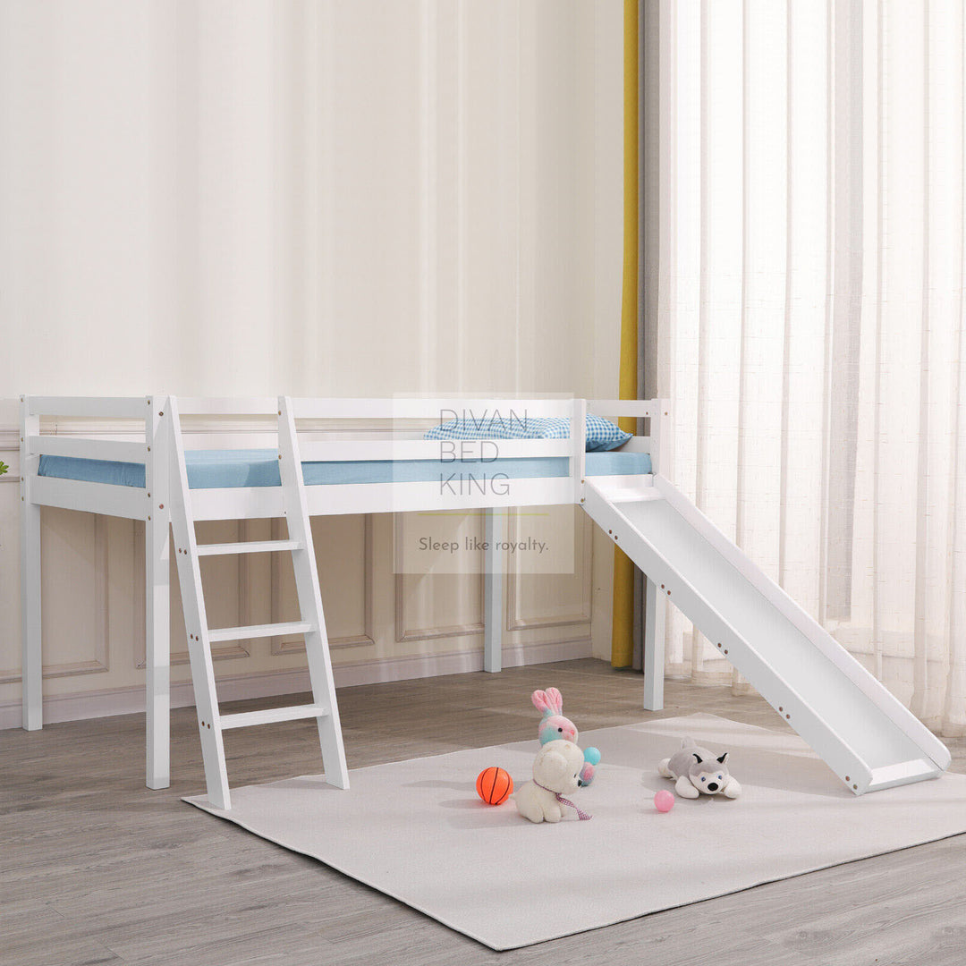 Timothy Slide Kids White Wooden Mid Sleeper Cabin Bunk Bed with Ladder