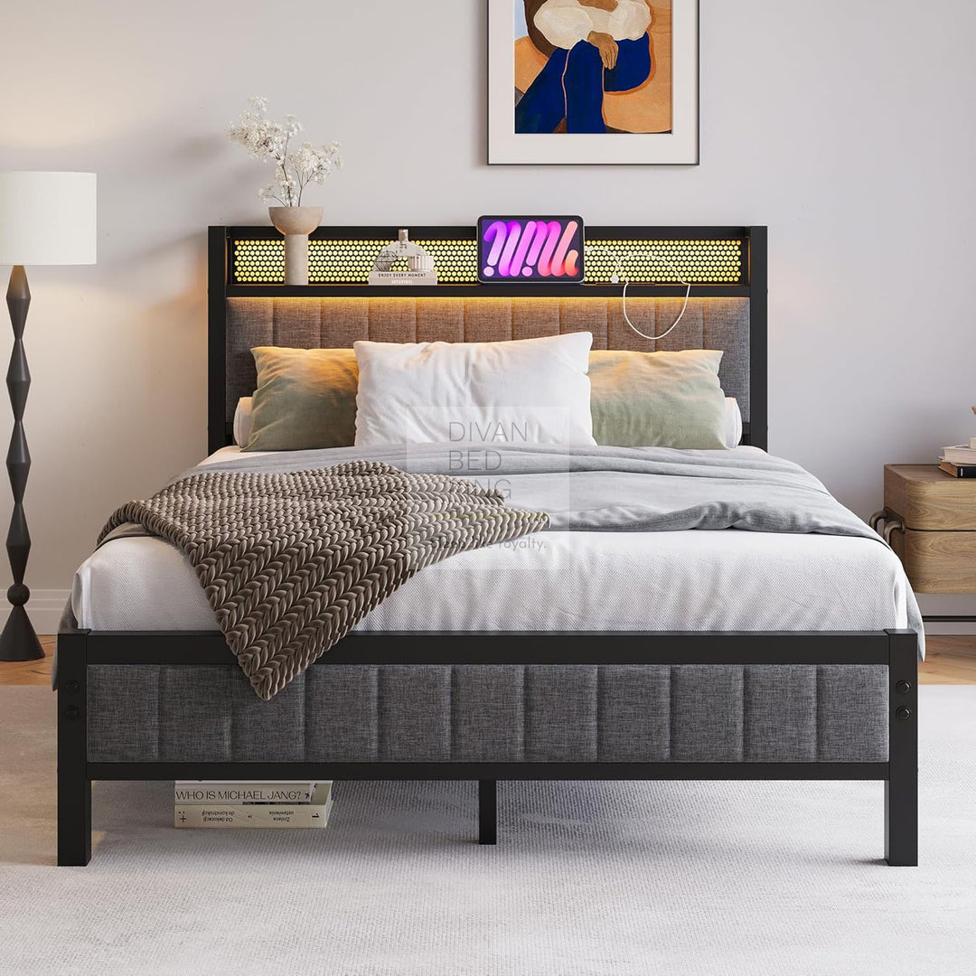 Vicenza Metal Bed Frame with LED Grey Linen Headboard, Shelves, Power Outlet, USB Charging & Optional Drawers