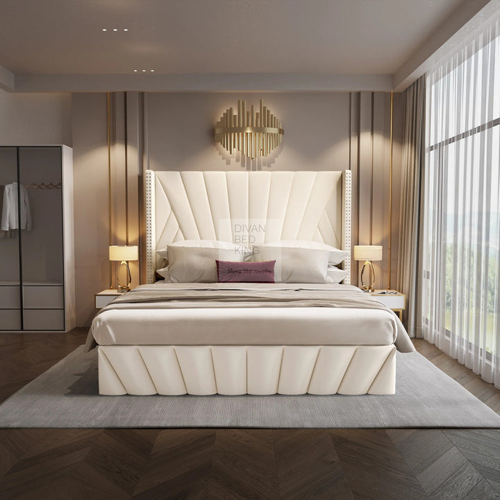 Veneto Cream Beige Luxury Upholstered Headboard Ottoman Storage Bed