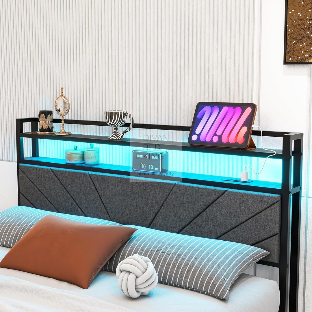 Cesena Grey Linen Smart Metal Bed with Storage LED Headboard, Shelves, Power Outlet, USB Charging & Optional Drawers