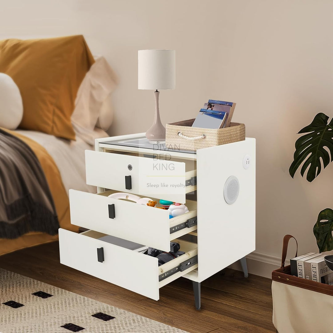 Elara White 3 Drawer Smart LED Bedside Table with Bluetooth Speakers, Fingerprint Lock, USB and Wireless Charging