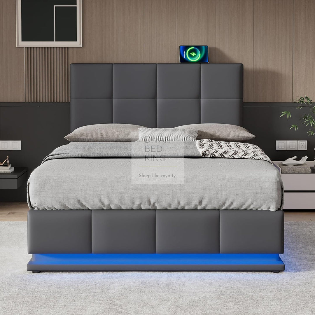 Dario Grey Leather LED Ottoman Storage Bed with Adjustable Headboard