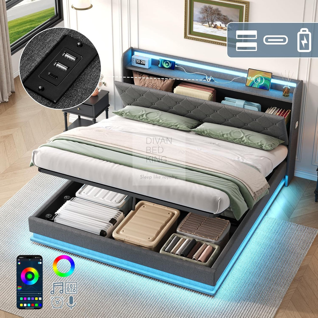 Castello Grey Linen Ottoman Storage Bed with LED Lights, Type C and USB Charging Headboard Storage Shelf