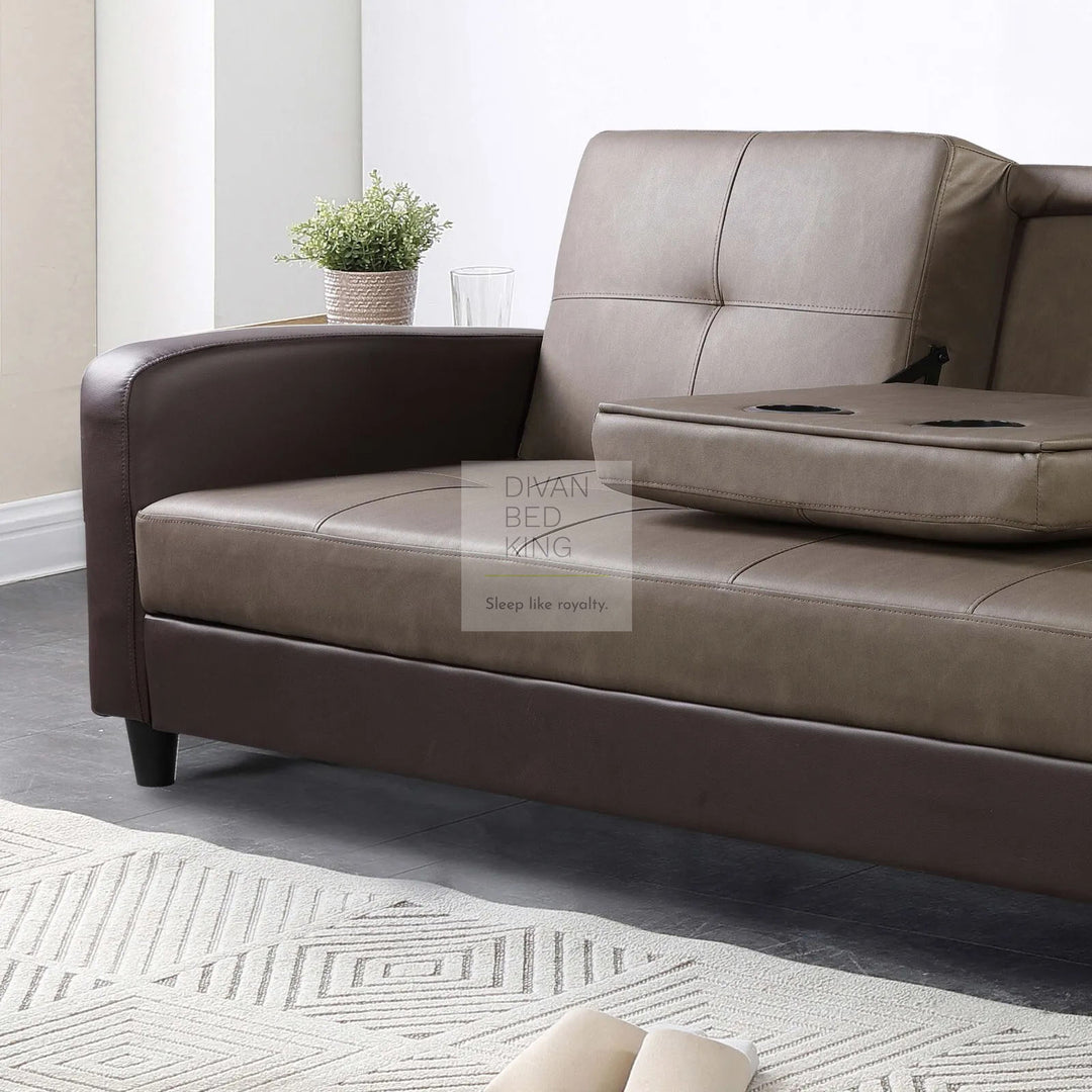 Salazar Ash Grey Brown Leather 3 Seater Sofa Bed with Cup Holders, Armrest and Side Storage Pockets