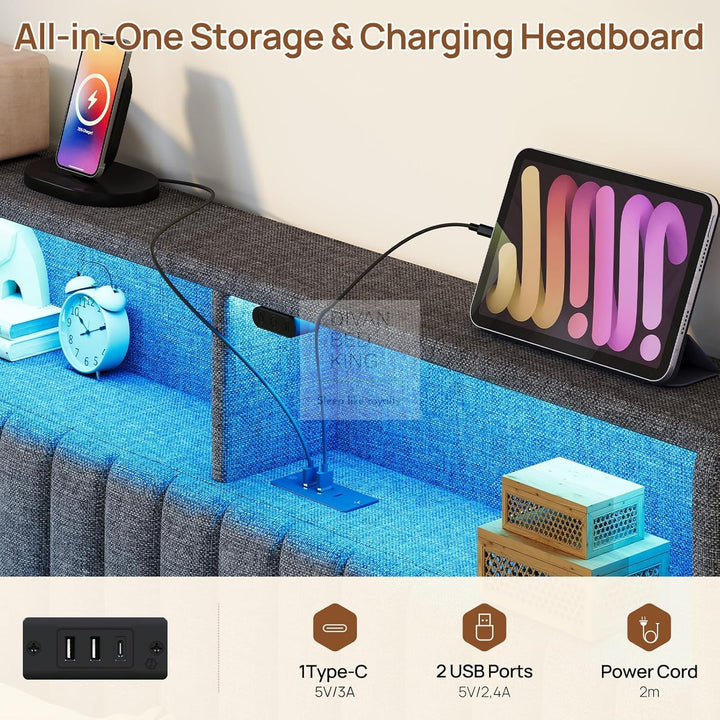 Houston Smart Metal Floating Bed with Grey Linen Padded Storage Headboard, LED Lights, USB & Type C Charging Station