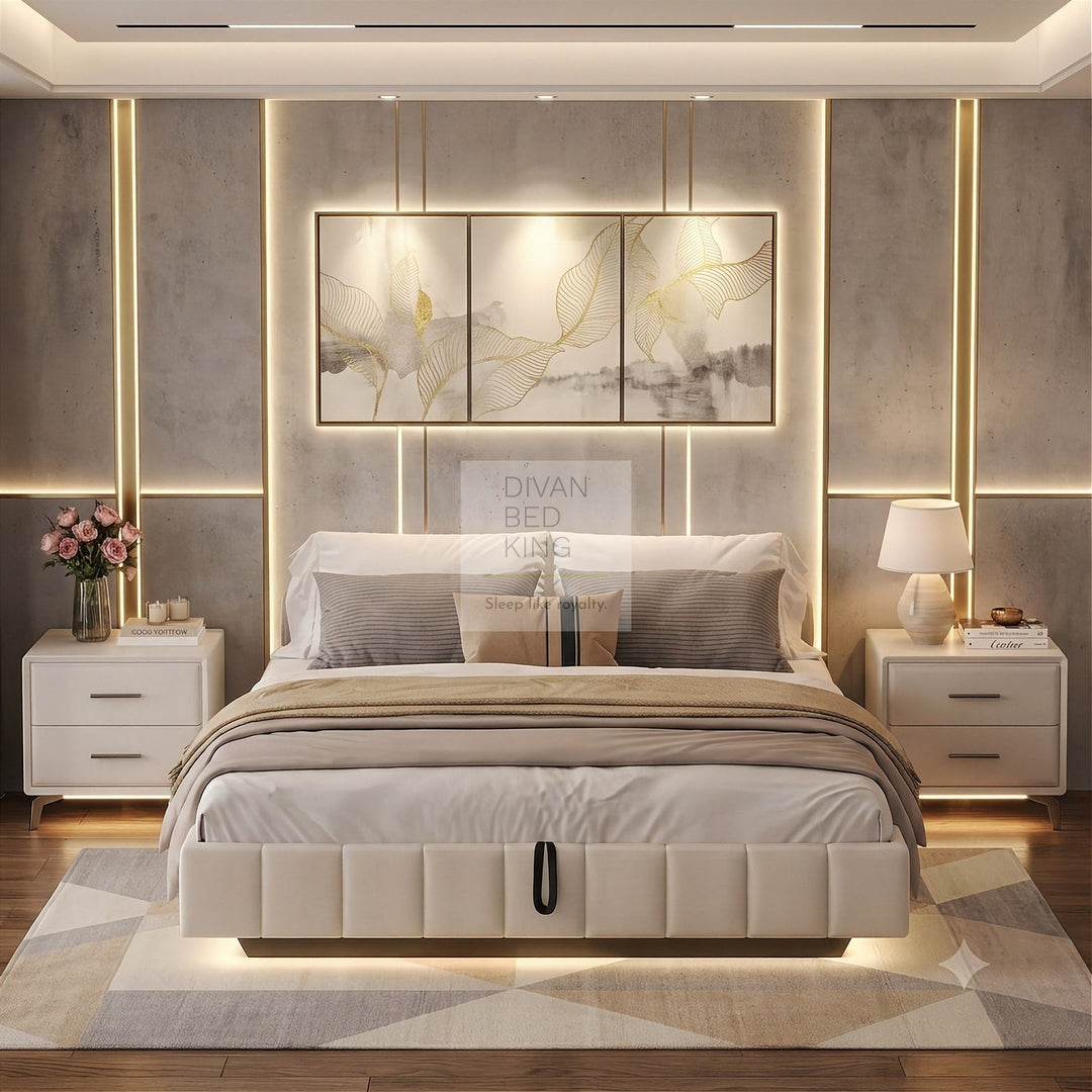 Carrillo Floating Style Smart LED Beige Linen Ottoman Gas Lift Storage Bed Base