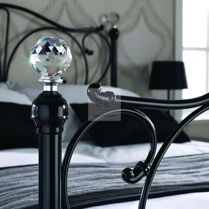 Rosella Crystal Finial Black Metal Bed with Footboard and Optional Drawers