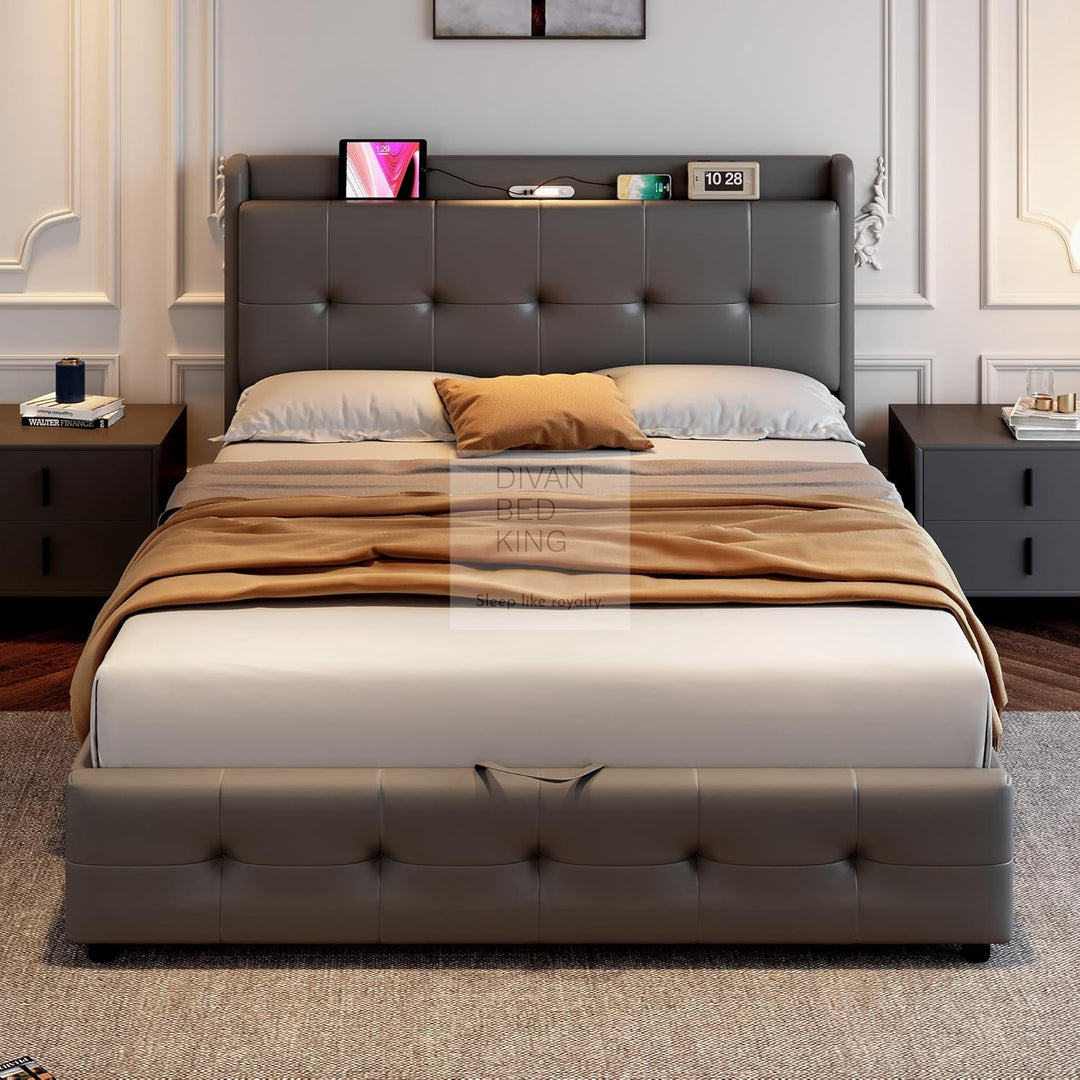 Serafina Grey Leather Ottoman Bed with Headboard Storage + USB + Type C Charging