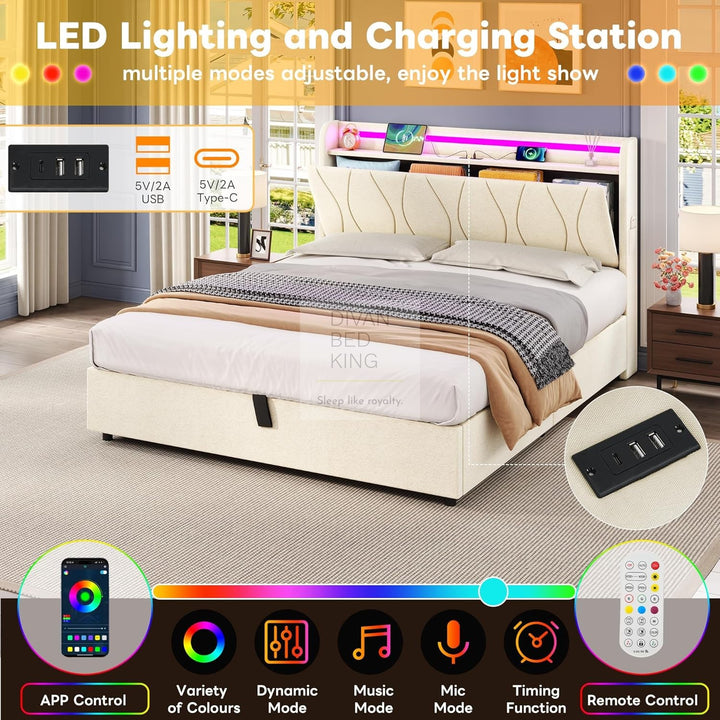 Naya Beige Linen Ottoman Storage Bed with LED Lights, Type C and USB Charging Headboard Storage Shelf