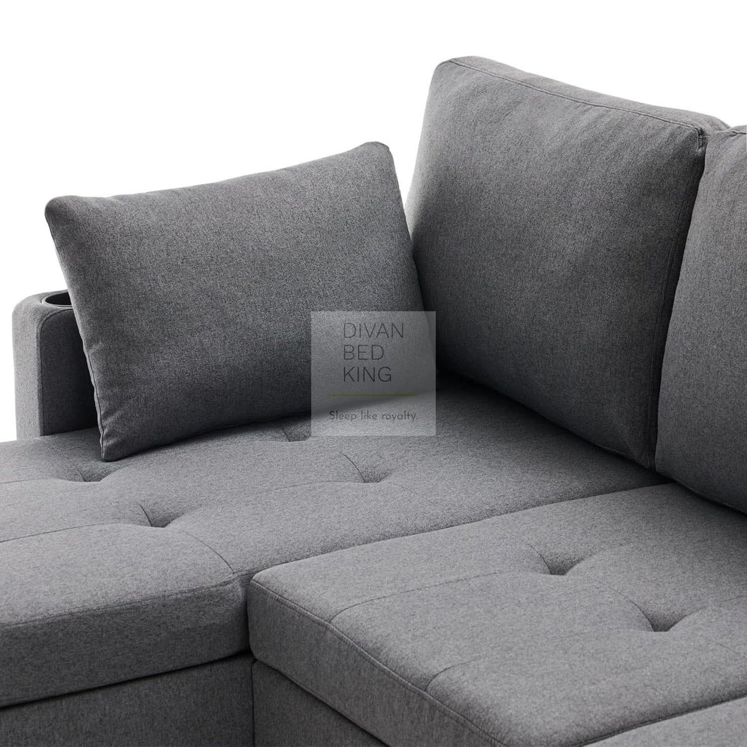 Downtown Grey Linen 4 Seater Ottoman Storage Corner Sofa Bed with Trundle