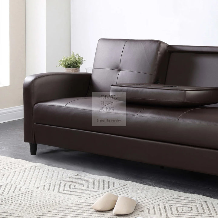 Salazar Brown Leather 3 Seater Sofa Bed with Cup Holders, Armrest and Side Storage Pockets