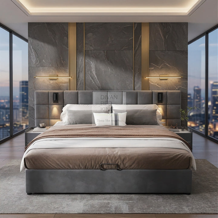 Avernus Oversized Headboard Grey Ottoman Storage Bed Frame with Integrated Lighting & USB Charging